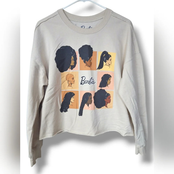 Barbie Womens Cropped Sweatshirt Long Sleeve Graphic Hairstyles Oatmeal Color - Picture 1 of 12